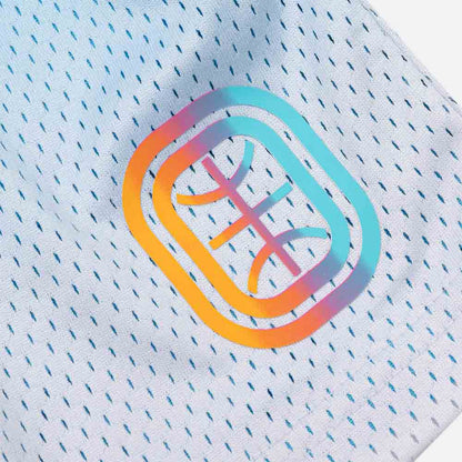 Up close view of logo on the Overtime Youth RWE Mesh Shorts.