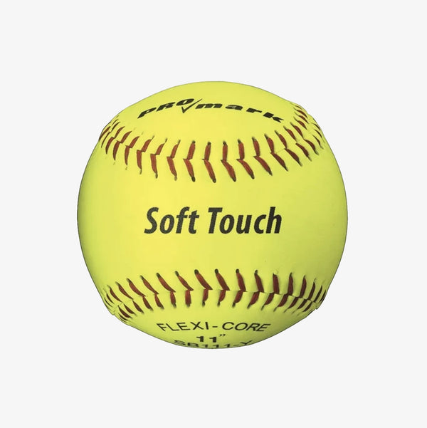 Front view of the 11" Pro Mark Soft Touch Optic Yellow Syntex Cover Softball, 1 Dozen.