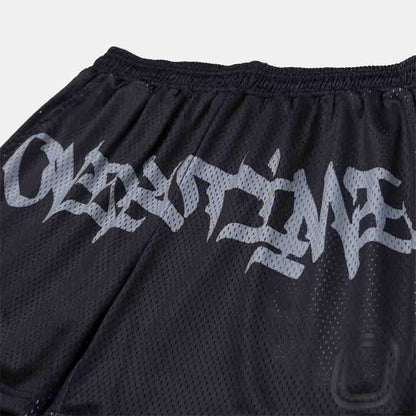 Up close, front view of the Overtime Vandal Script Mesh Shorts.