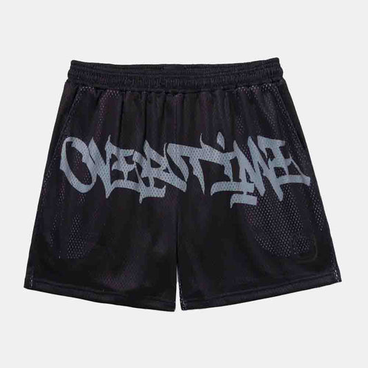 Front view of the Overtime Vandal Script Mesh Shorts.