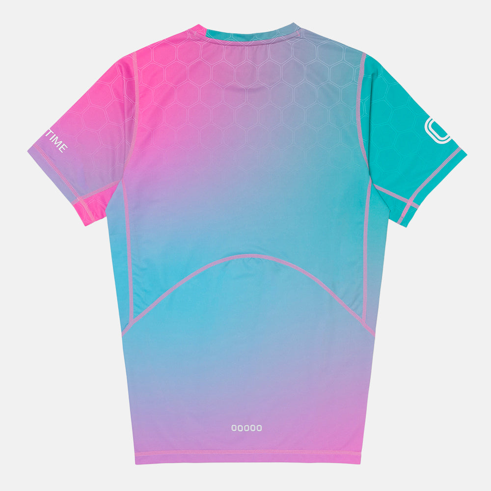 Rear view of the Overtime Valid Aura Compression Tee.
