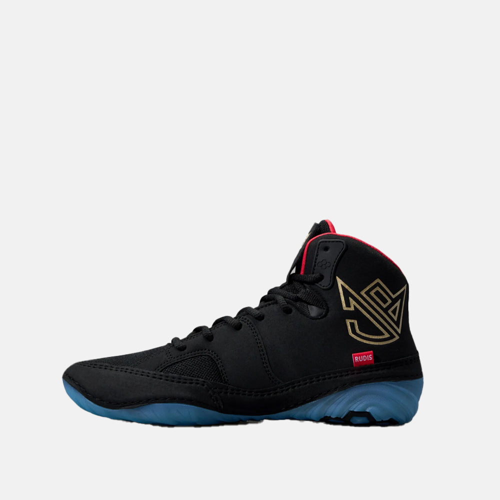 Side medial view of the Rudis JB1 Youth Wrestling Shoes, Blackbird.