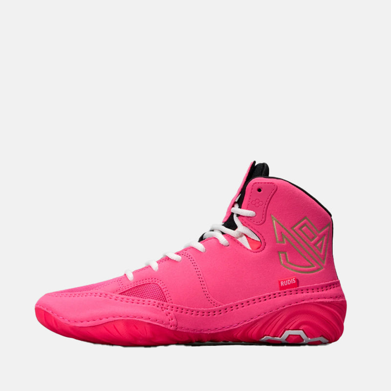Side medial view of the Rudis JB1 Youth Wrestling Shoes, Flamingo Pink.