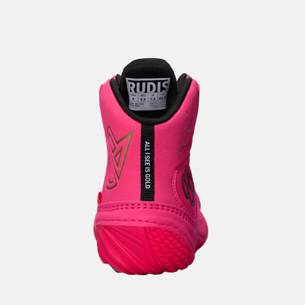 Rear view of the Rudis JB1 Youth Wrestling Shoes, Flamingo Pink.