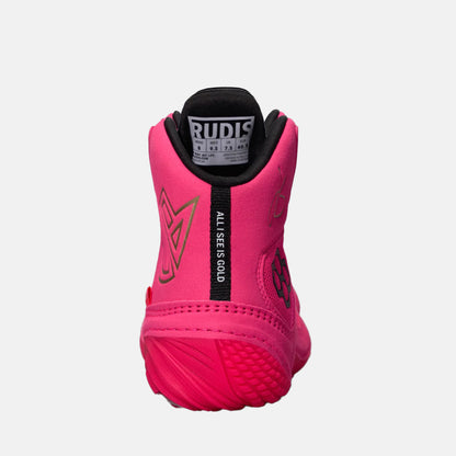 Rear view of the Rudis JB1 Youth Wrestling Shoes, Flamingo Pink.
