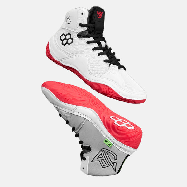 Side and side medial view of the Rudis JB1 Youth Wrestling Shoes, White Hot.