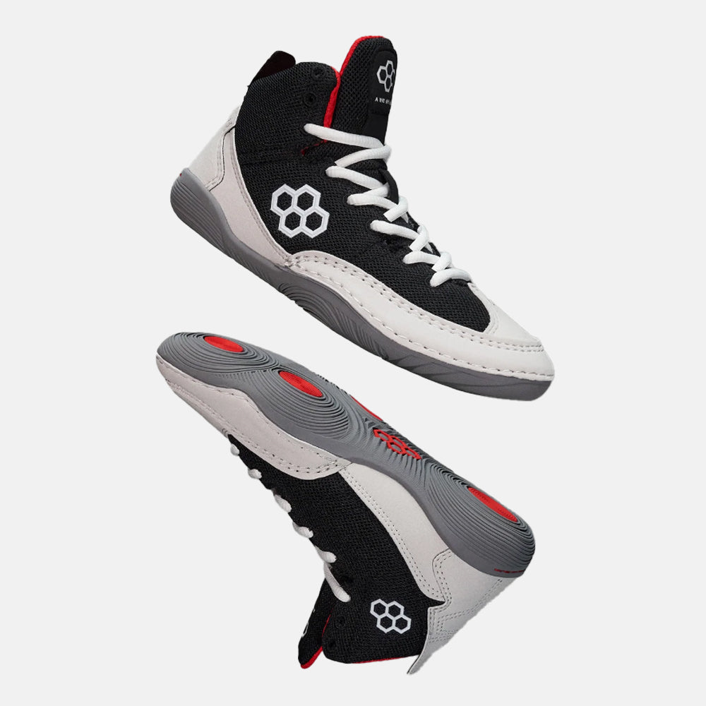 Side and side medial view of the Rudis Courage Youth Wrestling Shoes, Midnight Smoke.