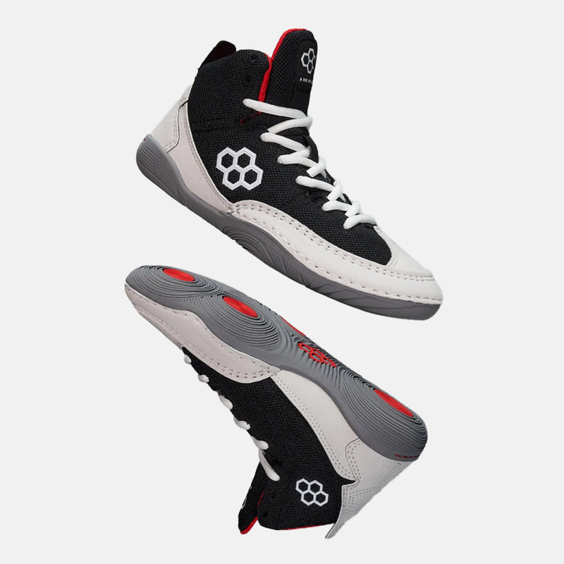 Side and side medial view of the Rudis Courage Youth Wrestling Shoes, Midnight Smoke.