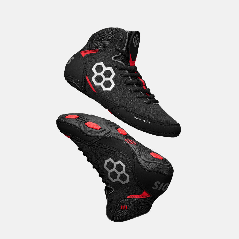 Side and side medial view of the Rudis Colt 4.0 Youth Wrestling Shoes, Live Wire.