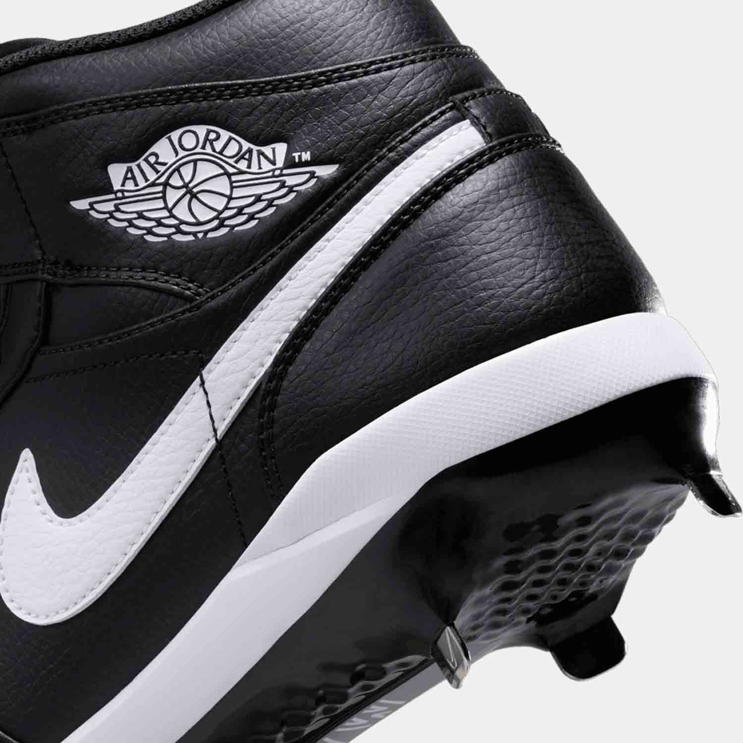 Up close rear view of Men's Jordan 1 Retro Metal Baseball Cleats.