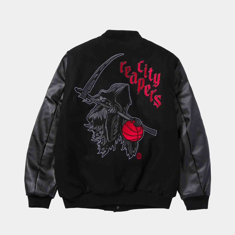 Rear view of Overtime OTE City Reaper Varsity Jacket.