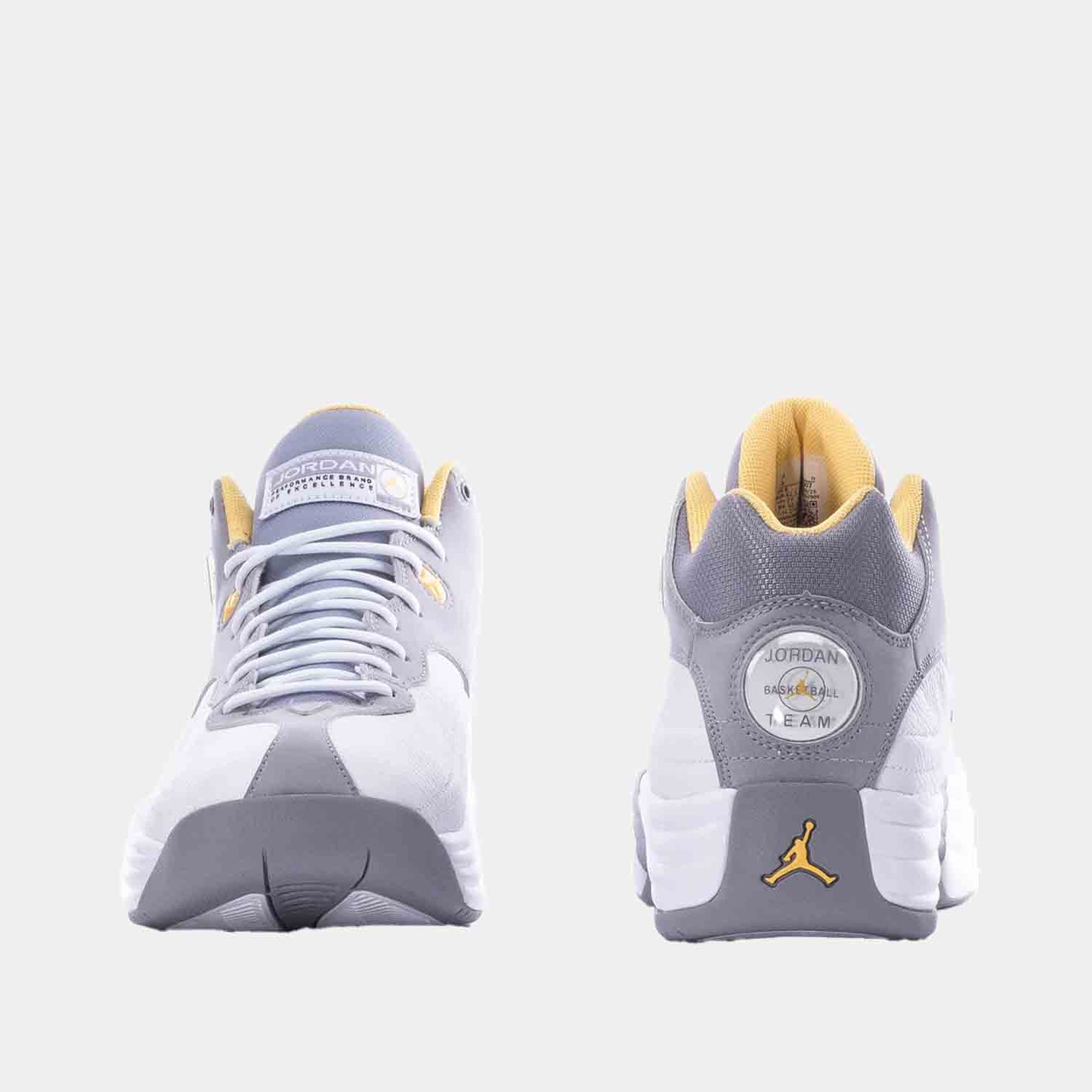 Front and rear view of the Men's Jordan Jumpman Team 'Cement Topaz Gold'.