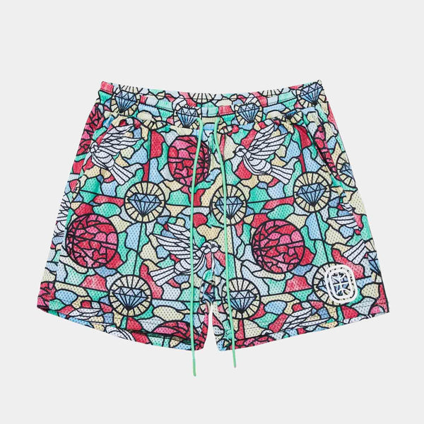 Front view of Overtime Diamond Doves Cathedral Shorts.