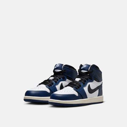 Front view of the Kids' Jordan 1 Retro High OG "Midnight Navy".