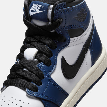 Up close, front view of the Kids' Jordan 1 Retro High OG "Midnight Navy".