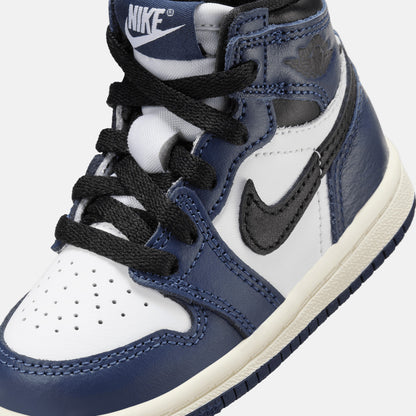 Up close view of the Toddler Jordan 1 Retro High OG "Midnight Navy".