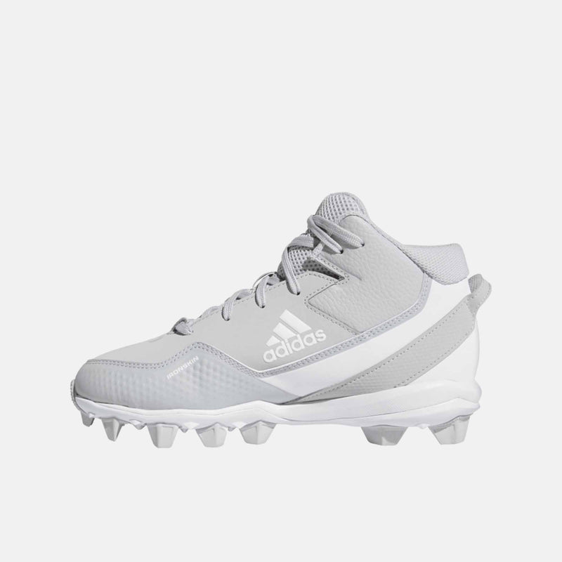 Side medial view of Adidas Kids' Icon 7 Mid Molded TPU Baseball Cleats.