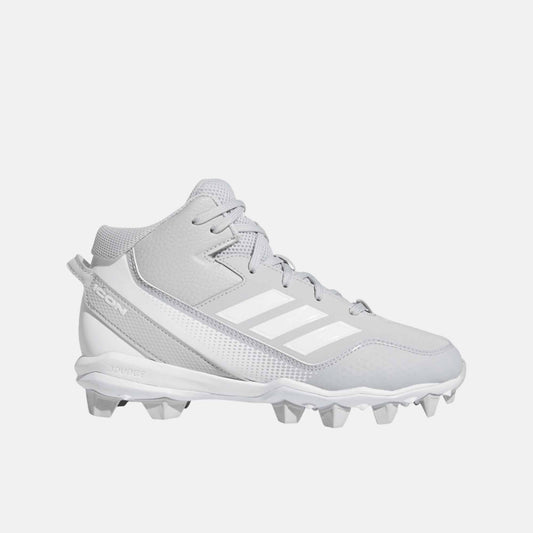 Side view of Adidas Kids' Icon 7 Mid Molded TPU Baseball Cleats.