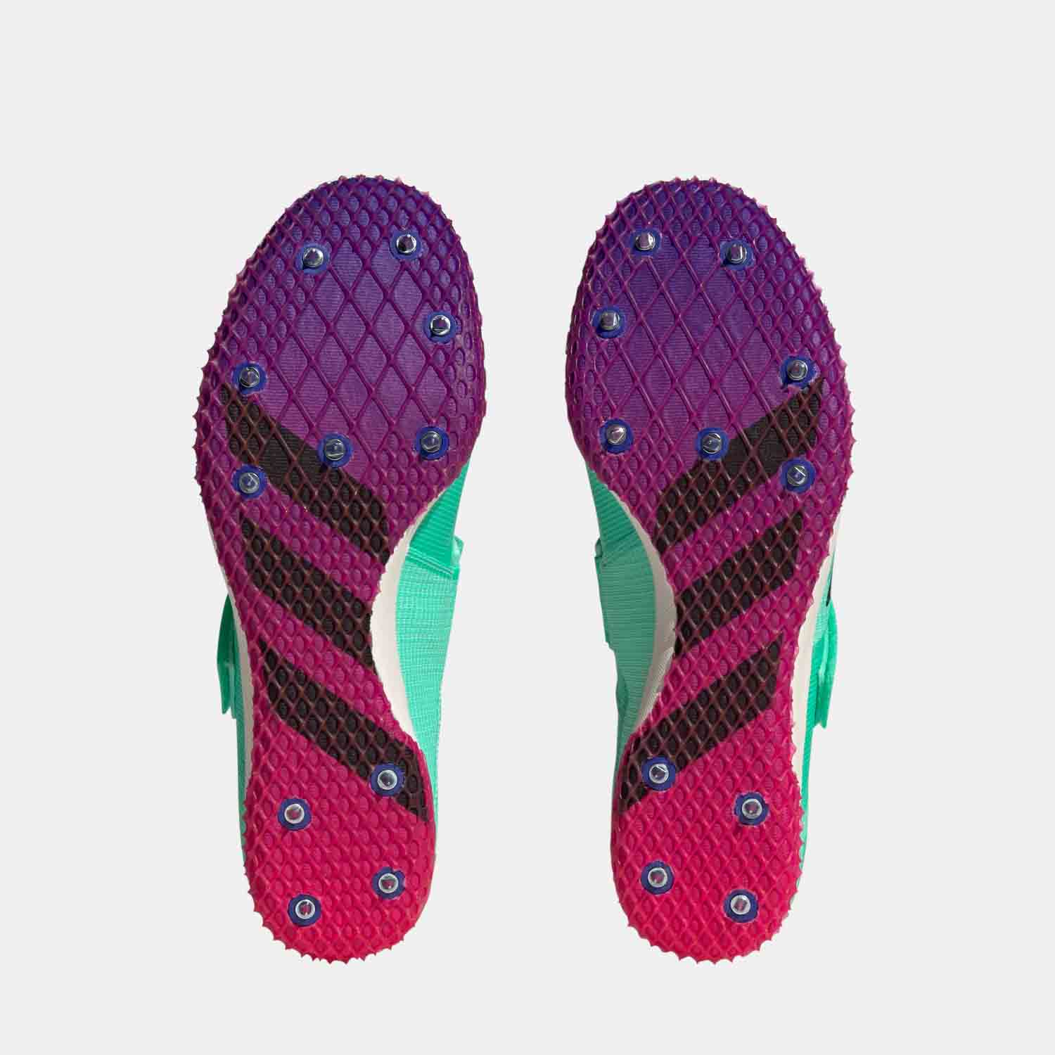 Bottom view of the Adidas Adizero High Jump Shoes.