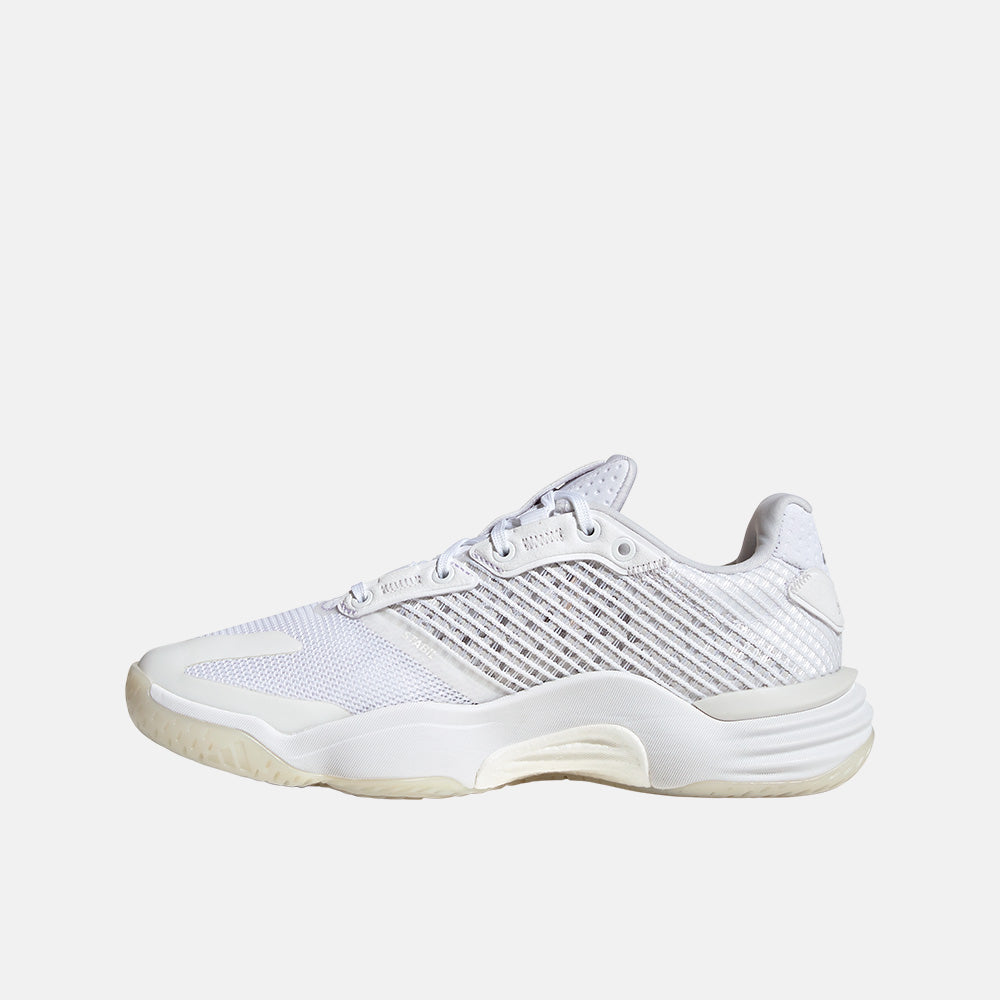 Side medial view of the Adidas Women's Stabil 16 Indoor Shoes.