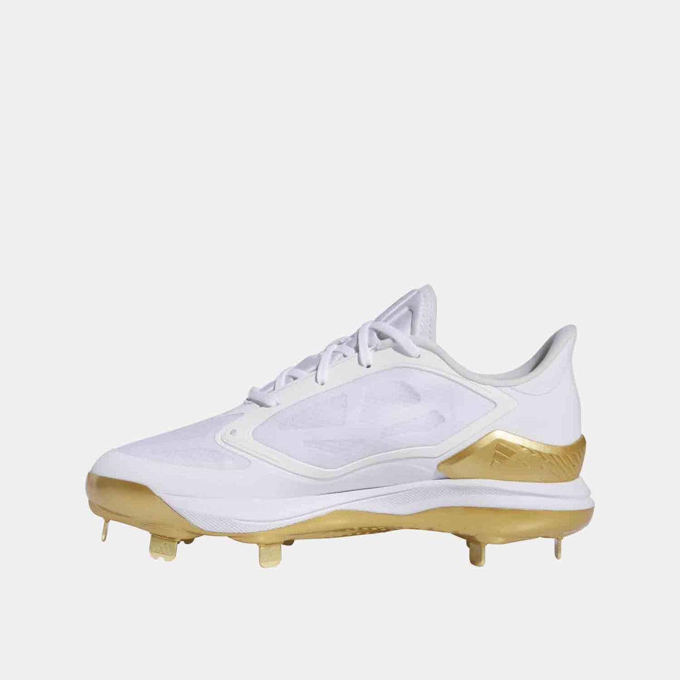 white and gold metal softball cleats