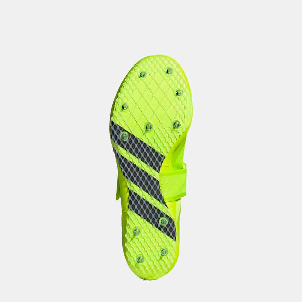 Bottom view of the Adidas Adizero High Jump Spikes.
