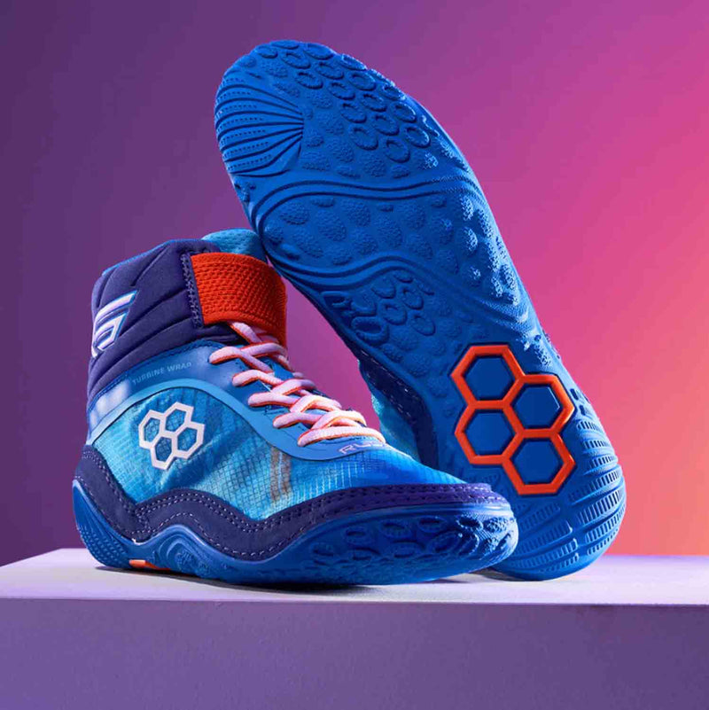Product shot of rudis ks turbine wrestling shoe, world wide blue color