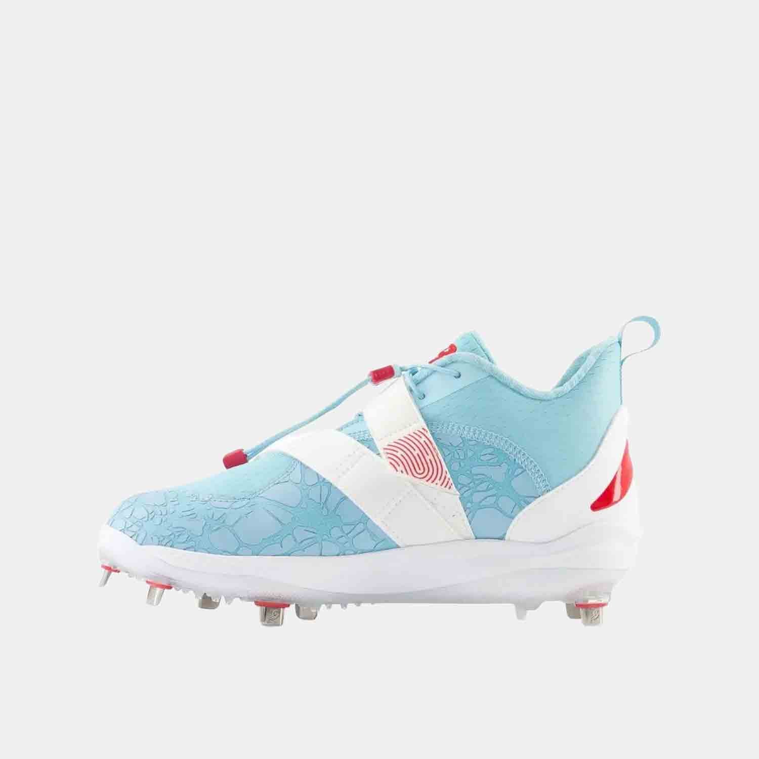 Side medial view of Men's New Balance FuelCell Lindor 2 Summer Storm Baseball Cleats.