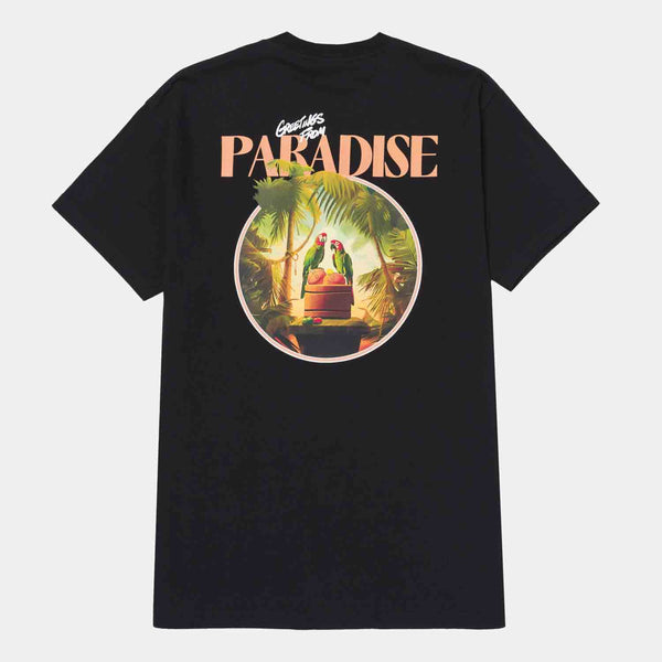 Rear view of the Overtime Paradise Parrots Tee.