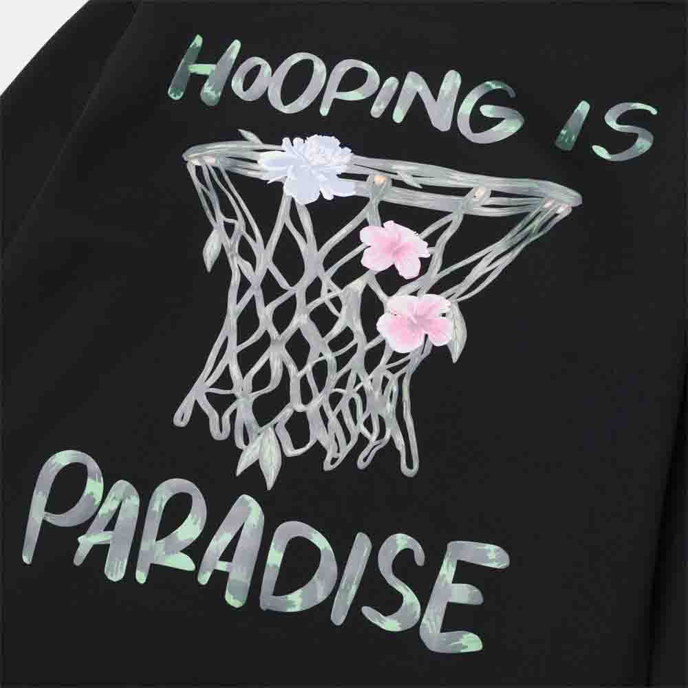 Up close, rear view of the Overtime Paradise Performance Hoodie.