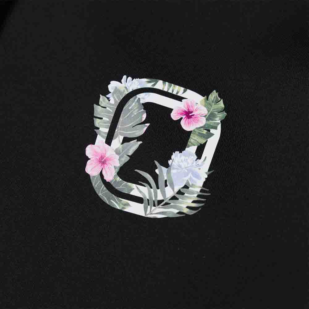 Up close view of emblem on the Overtime Paradise Performance Hoodie.