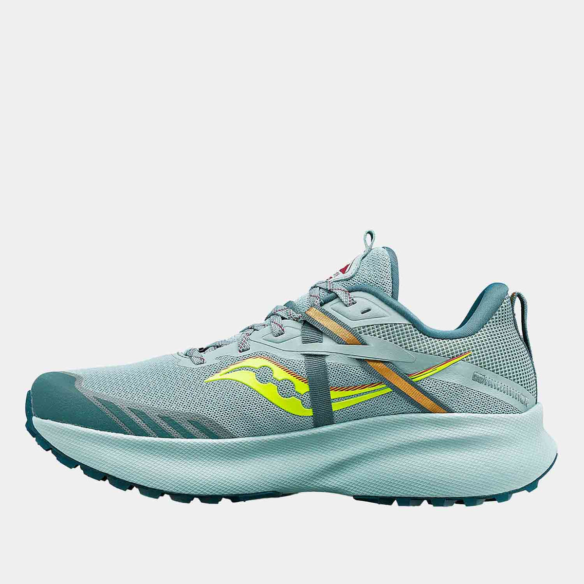 Side medial view of Women's Saucony Ride 15 Trail Running Shoes.