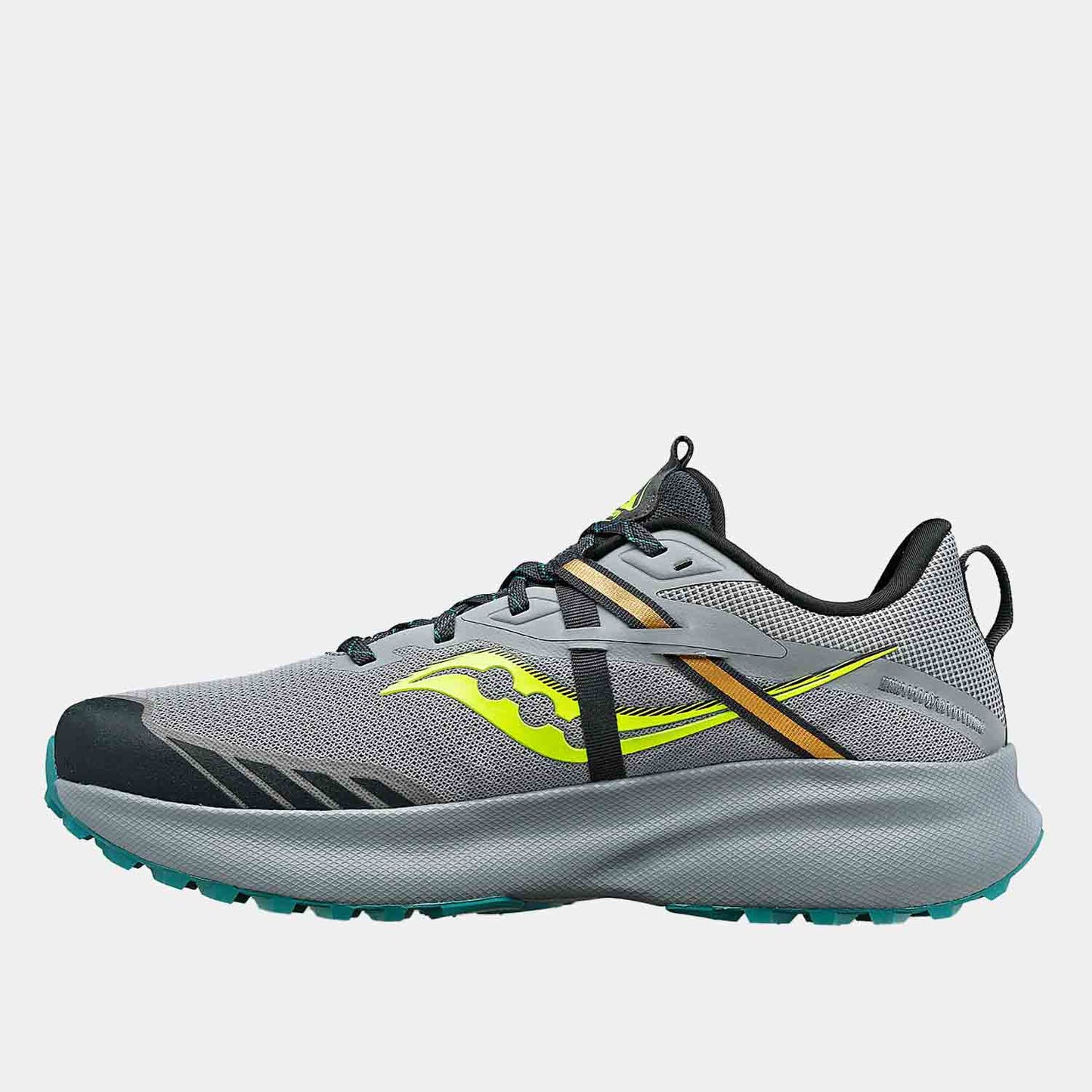 Side medial view of Men's Saucony Ride 15 Trail Running Shoes.