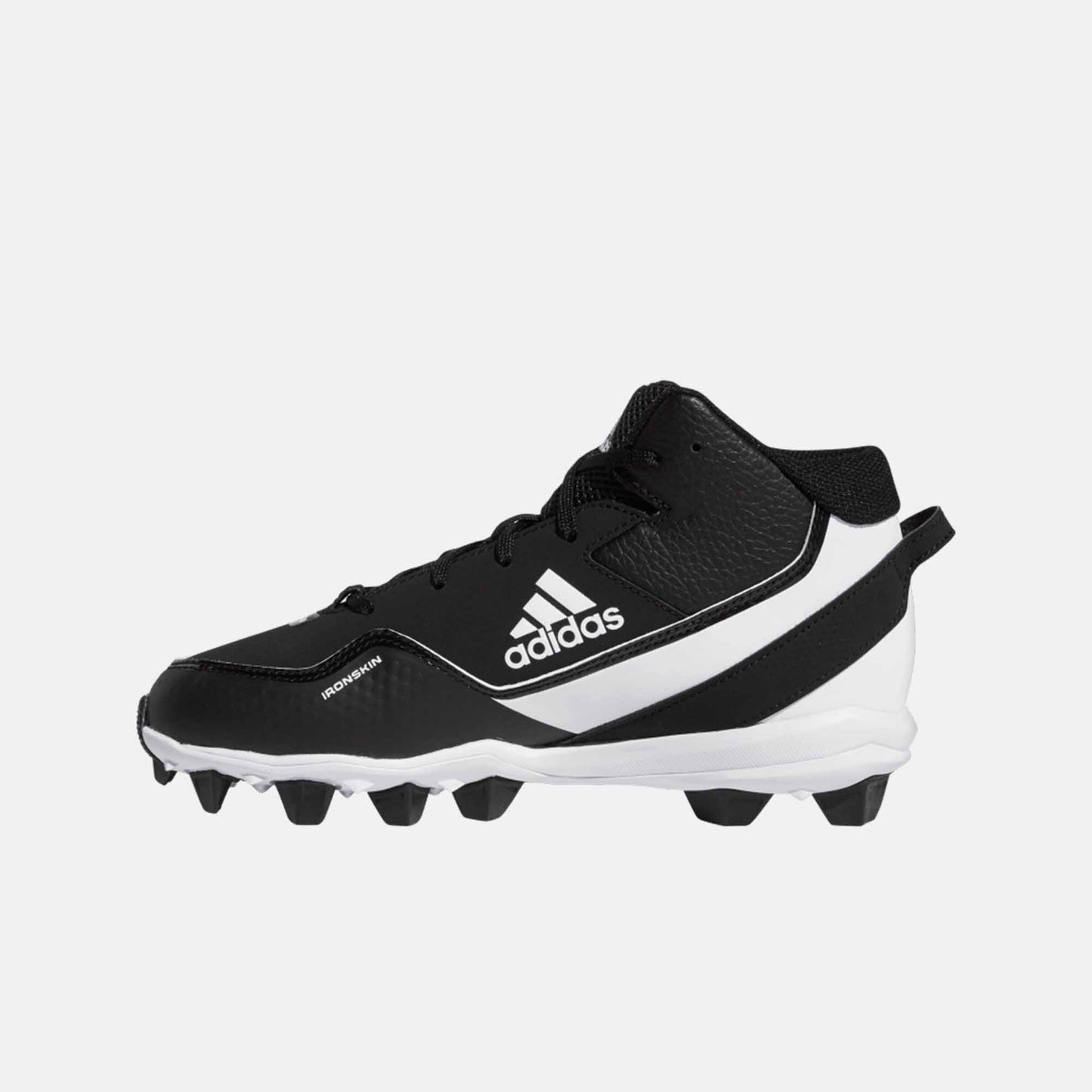 Side medial view of Adidas Kids' Icon 7 Mid Molded TPU Baseball Cleats.