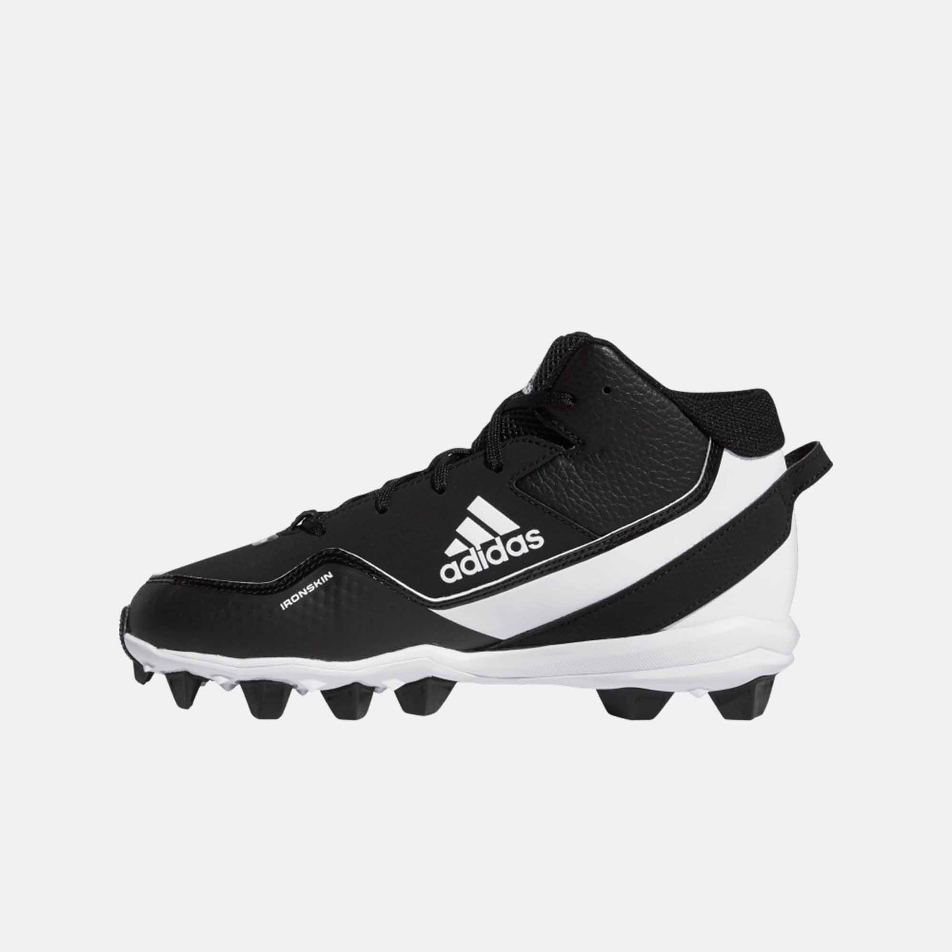 Side medial view of Adidas Kids' Icon 7 Mid Molded TPU Baseball Cleats.