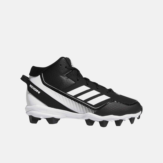Side view of Adidas Kids' Icon 7 Mid Molded TPU Baseball Cleats.