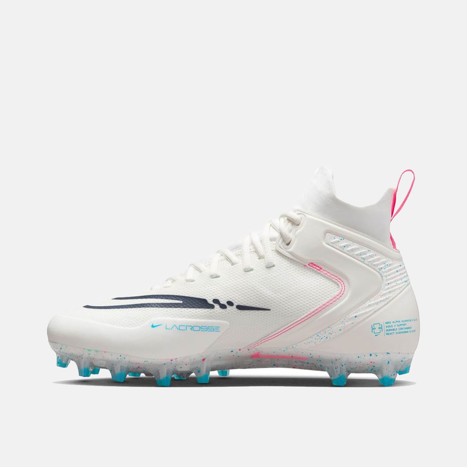 Side medial view of Men's Nike Alpha Huarache 8 Elite Lacrosse Cleats.