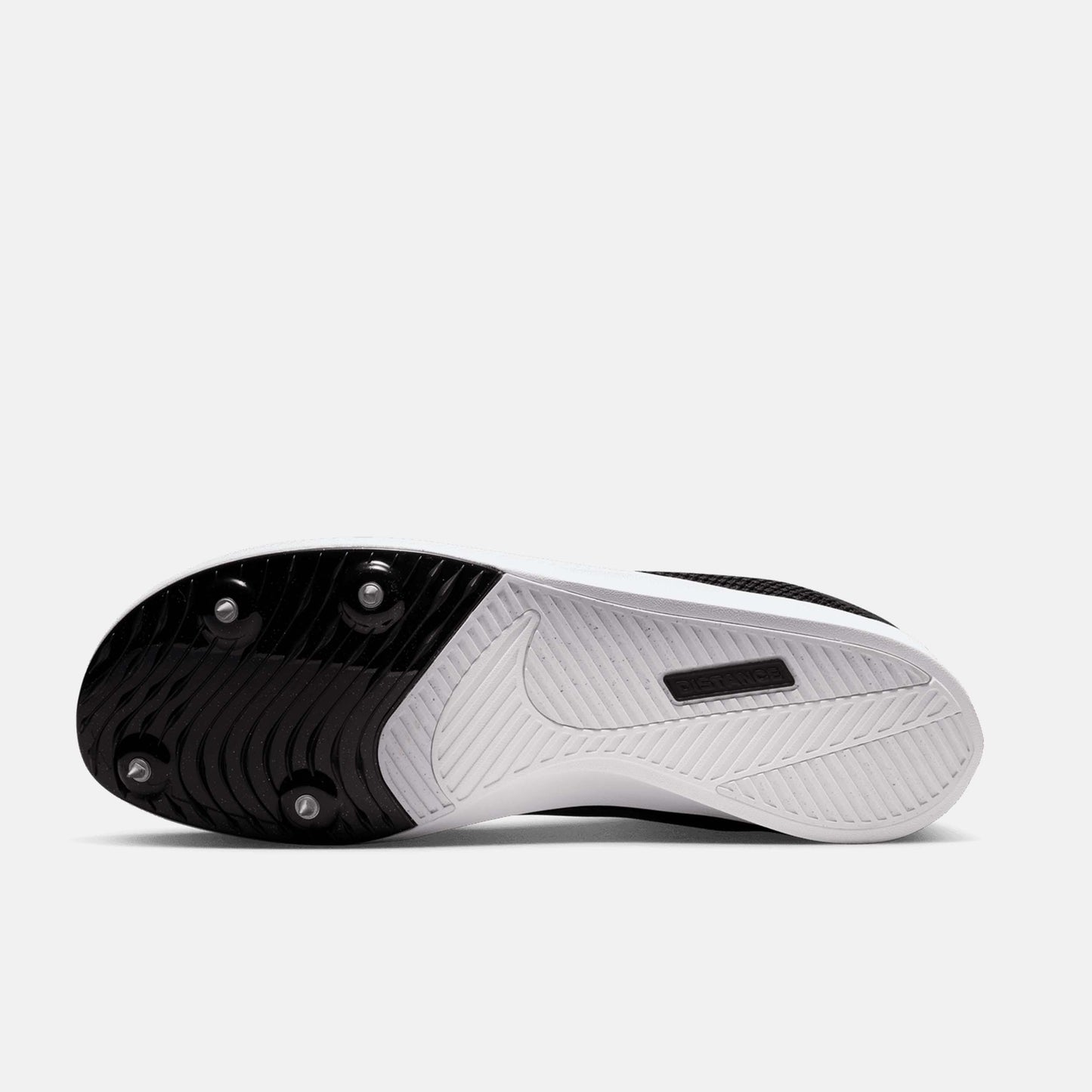 Bottom view of Nike Zoom Rival Distance Spikes.