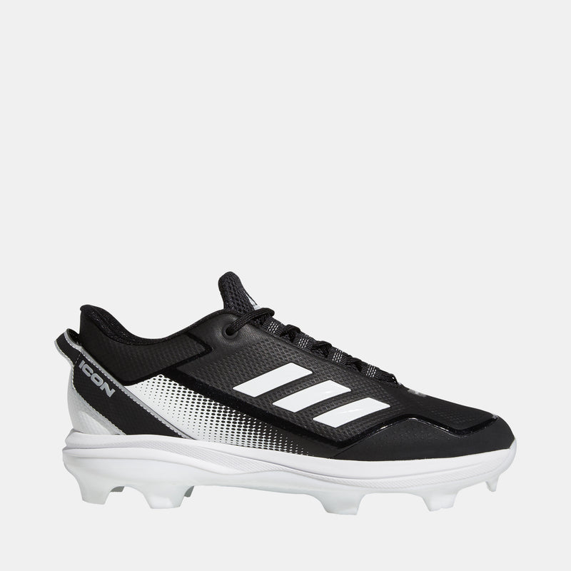Side view of black and white Adidas Men's Icon 7 TPU Baseball Cleats.