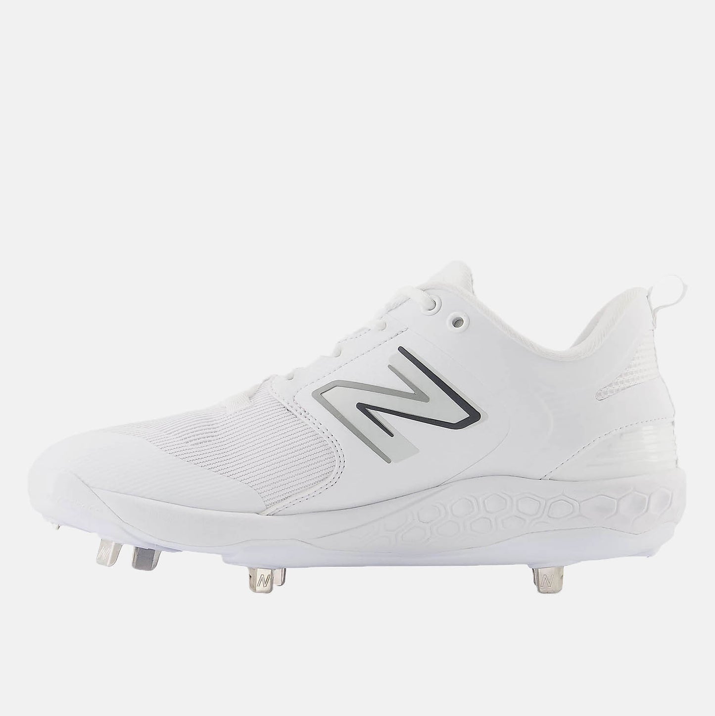 Side medial view of New Balance Men's Fresh Foam X 3000 V6 Metal Baseball Cleats.