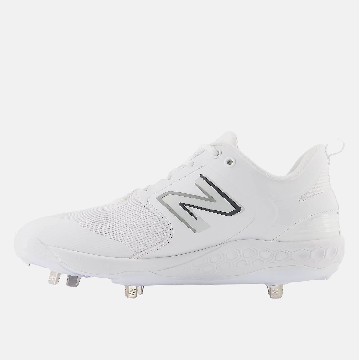 Side medial view of New Balance Men's Fresh Foam X 3000 V6 Metal Baseball Cleats.