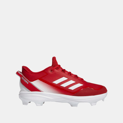 Side view of red and white Adidas Men's Icon 7 TPU Baseball Cleats.