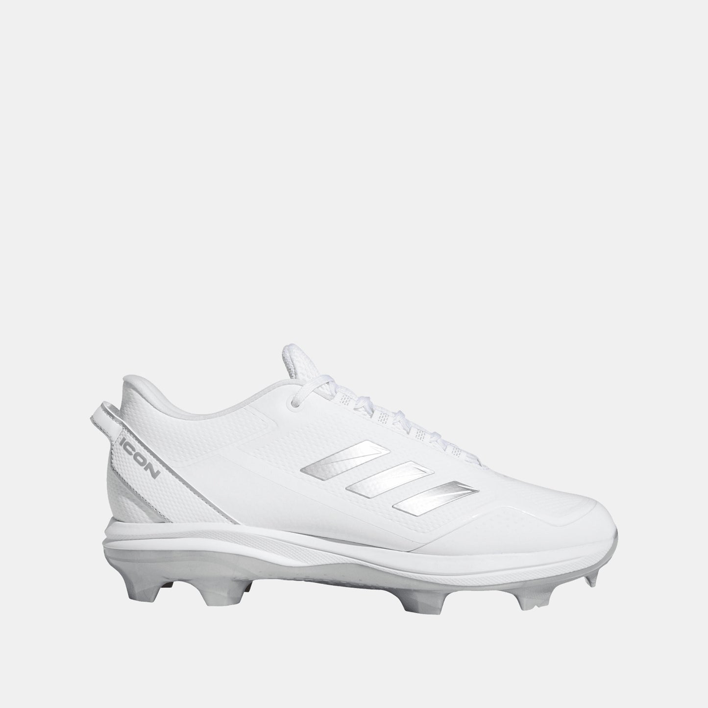 Side view of white Adidas Men's Icon 7 TPU Baseball Cleats.