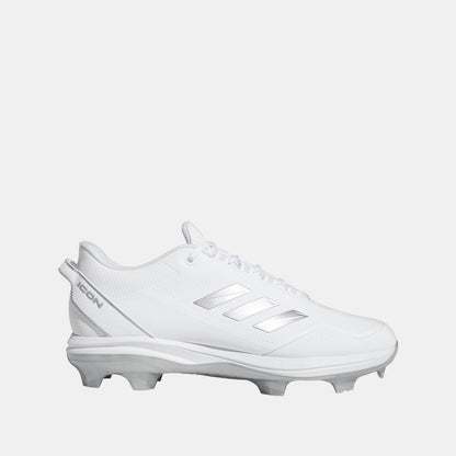 Side view of white Adidas Men's Icon 7 TPU Baseball Cleats.